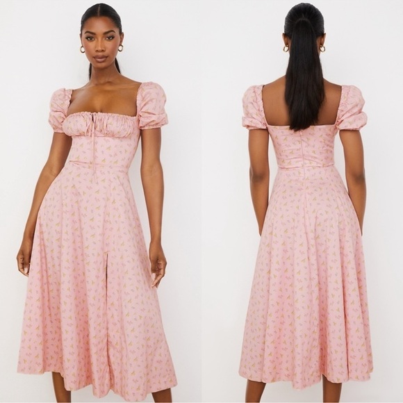 NWOT House of CB Pink Floral Tallulah Puff sleeves midi dress sz XS - Picture 2 of 10